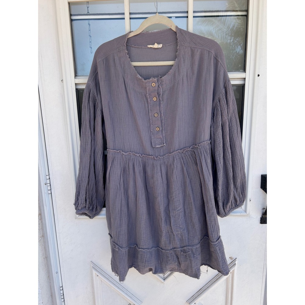 Promesa Dusty Purple Grey Gauze Babydoll Tunic Dress Frayed Henley M Lagenlook